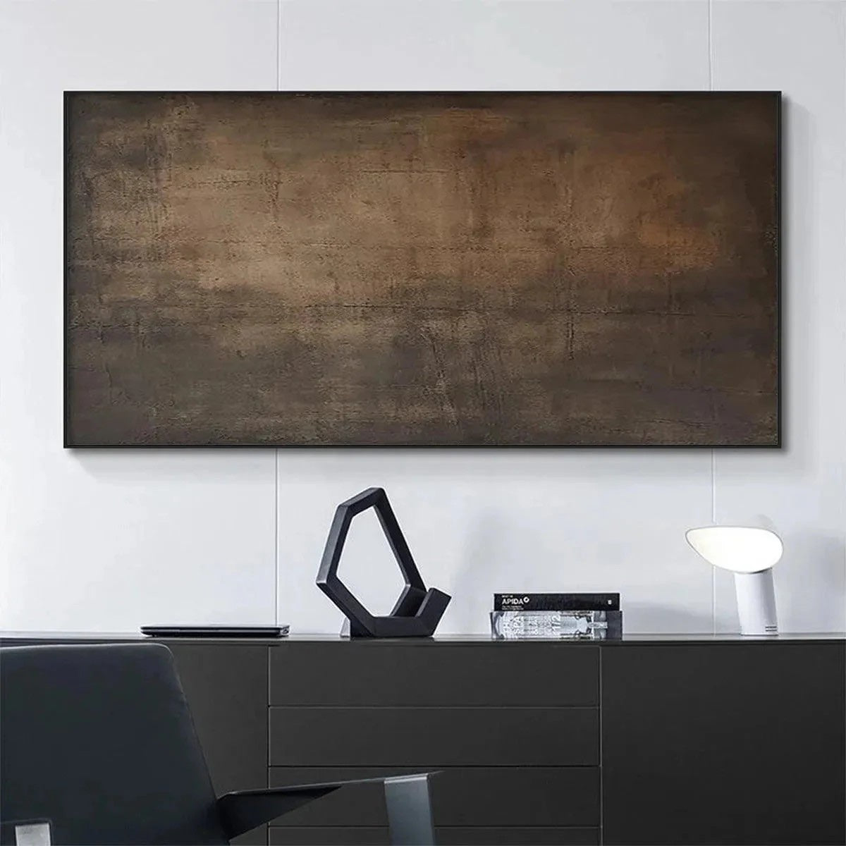 Dark Bronze and Rust Abstract Canvas Industrial Textured Art styled in a refined neutral room setting to show wall scale, calm proportion, and interior decor mood.