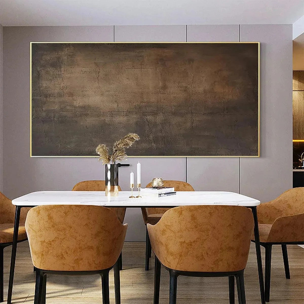 Dark Bronze and Rust Abstract Canvas Industrial Textured Art styled in a refined neutral room setting to show wall scale, calm proportion, and interior decor mood.