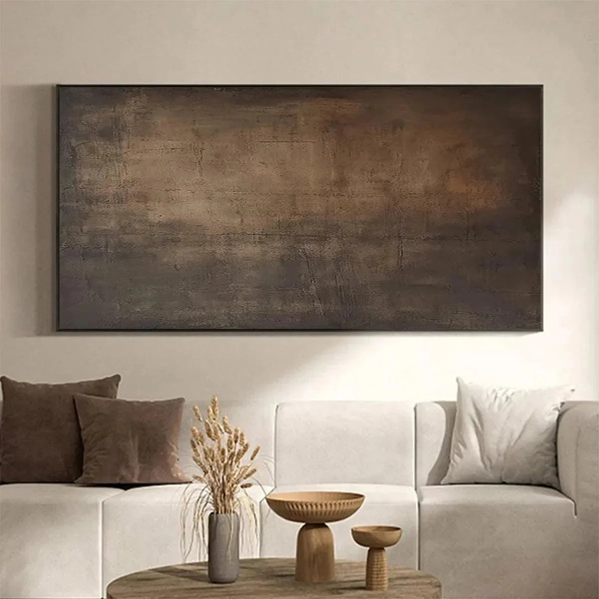 Close view of Dark Bronze and Rust Abstract Canvas Industrial Textured Art showing raised texture, layered brushwork, and tactile canvas detail for neutral home decor.