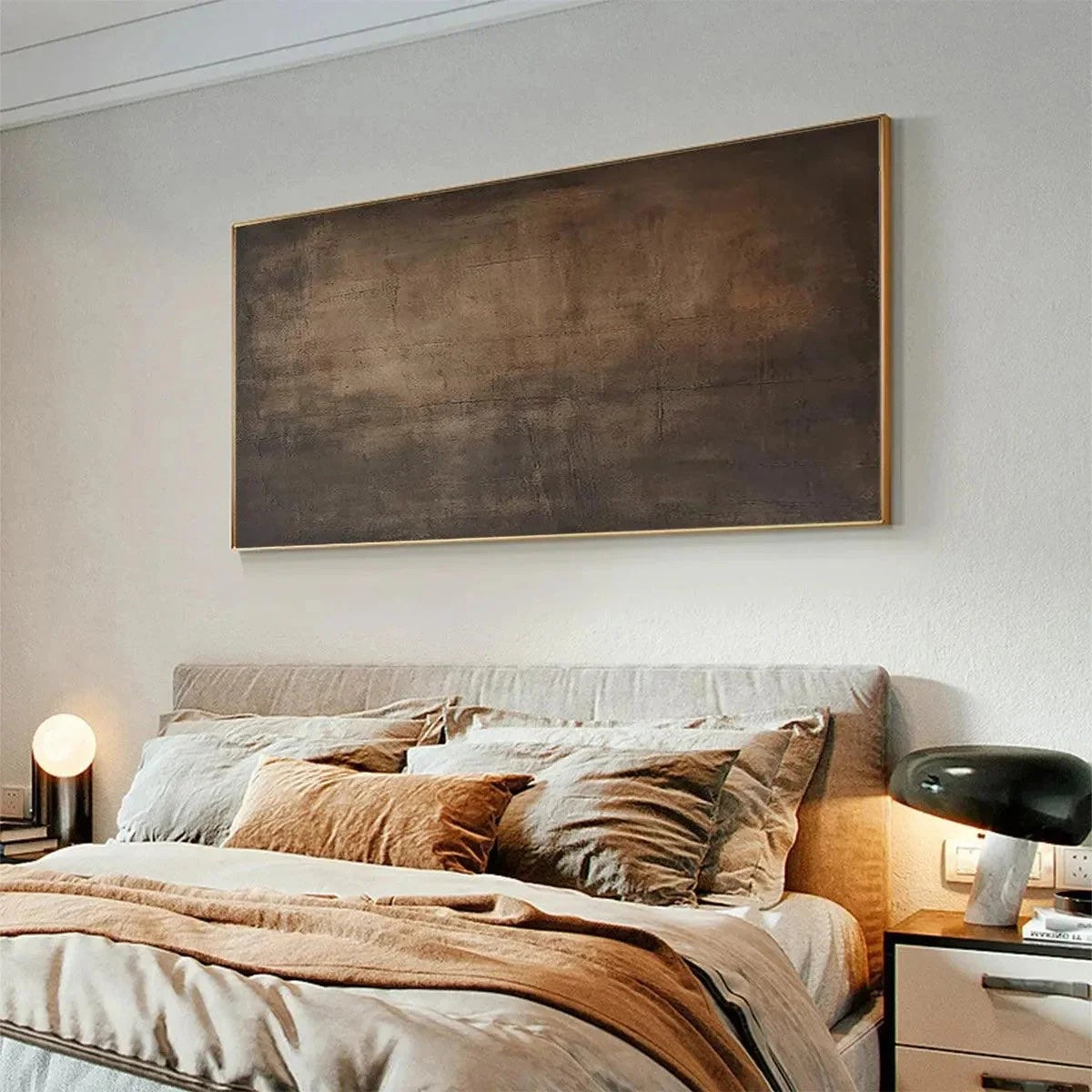 Dark Bronze and Rust Abstract Canvas Industrial Textured Art styled in a refined neutral room setting to show wall scale, calm proportion, and interior decor mood.