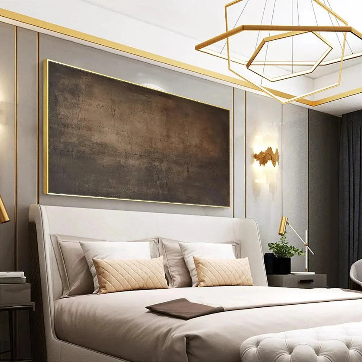 Dark Bronze and Rust Abstract Canvas Industrial Textured Art styled in a refined neutral room setting to show wall scale, calm proportion, and interior decor mood.