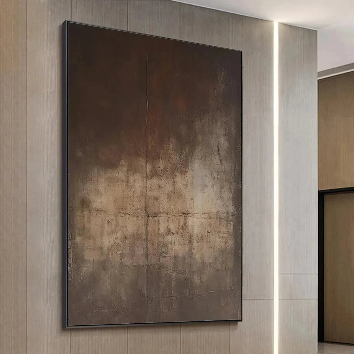DARK BROWN TEXTURED ABSTRACT: Minimalist Textured Painting | gold frame stretched on neutral wall