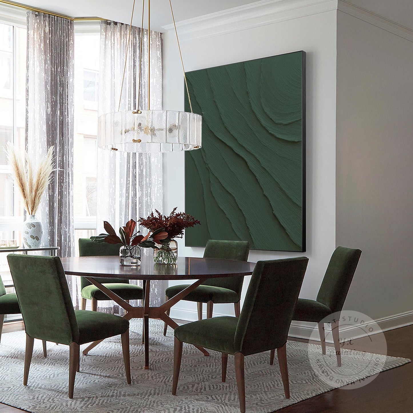 Dark Green 3D Texture Ocean Waves Painting - Extra Large Minimalist Wall Art #3