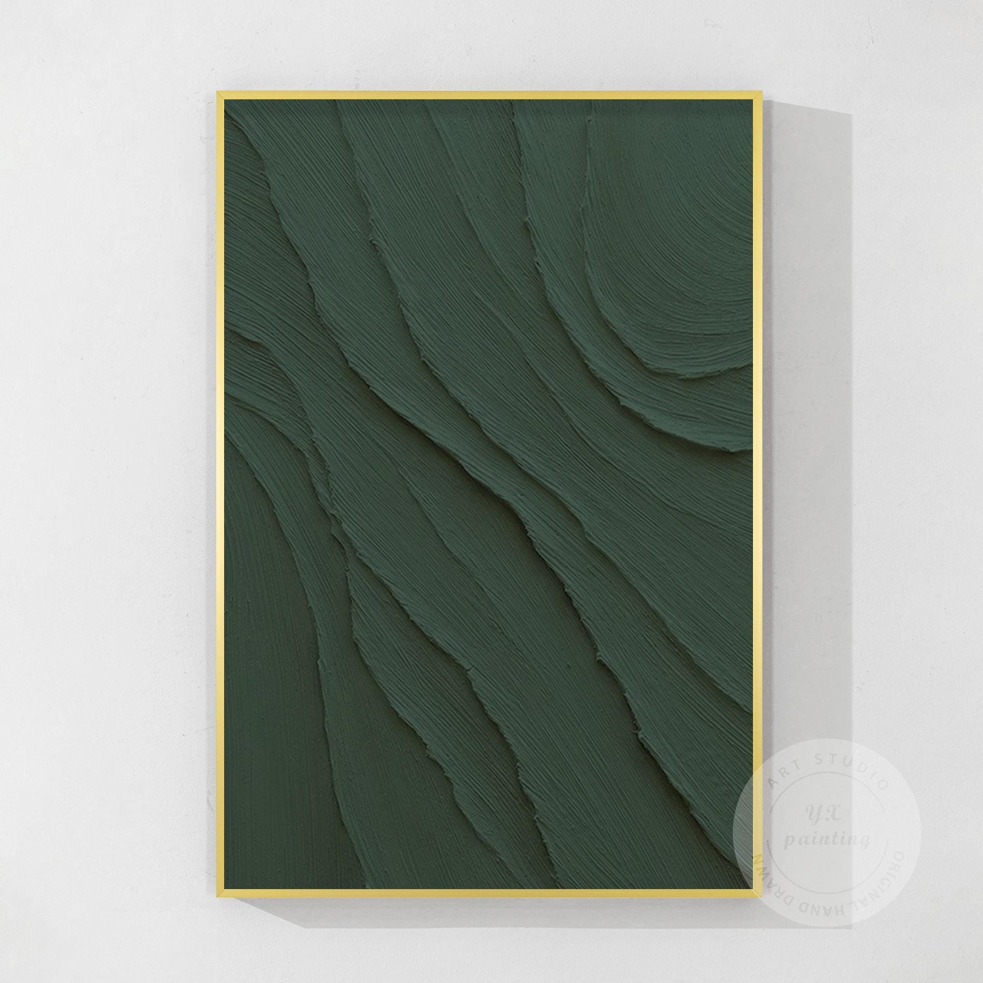 Dark Green 3D Texture Ocean Waves Painting - Extra Large Minimalist Wall Art #8