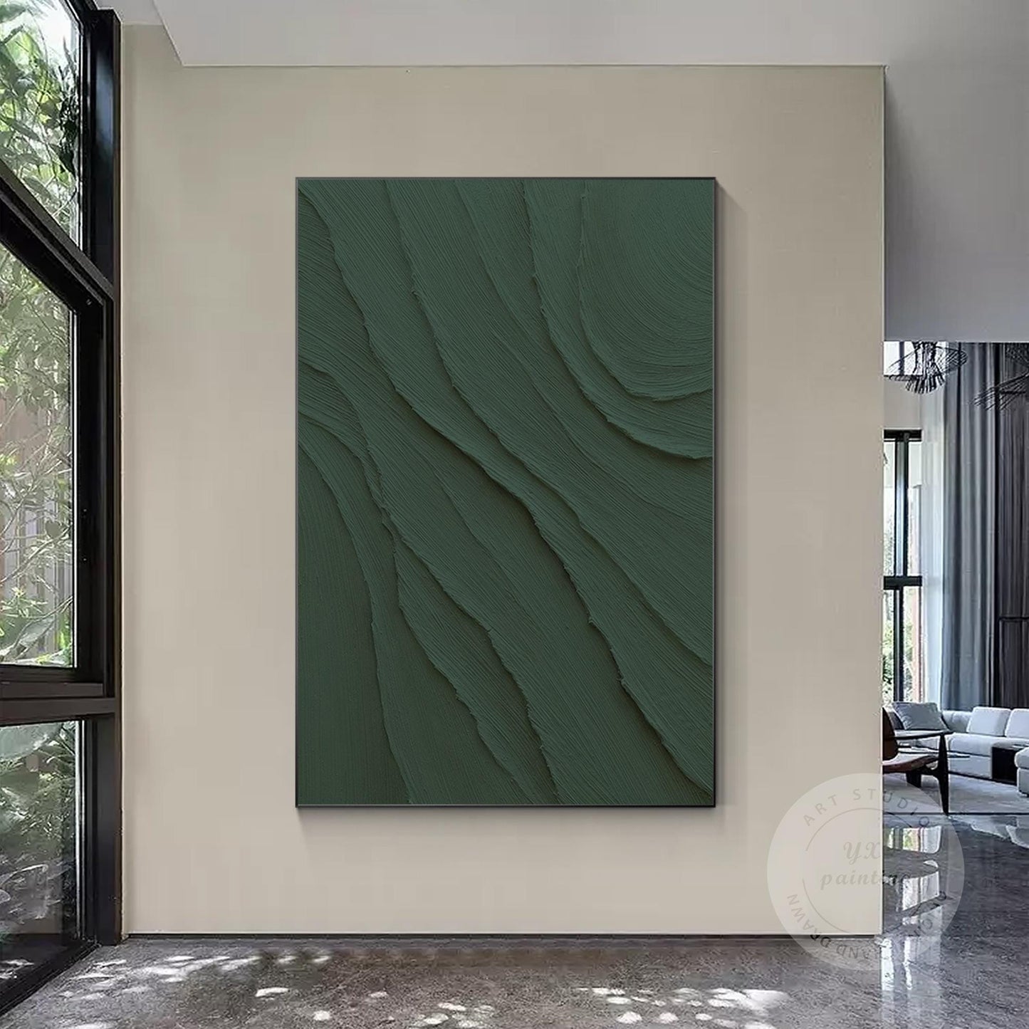 Dark Green 3D Texture Ocean Waves Painting - Extra Large Minimalist Wall Art #1
