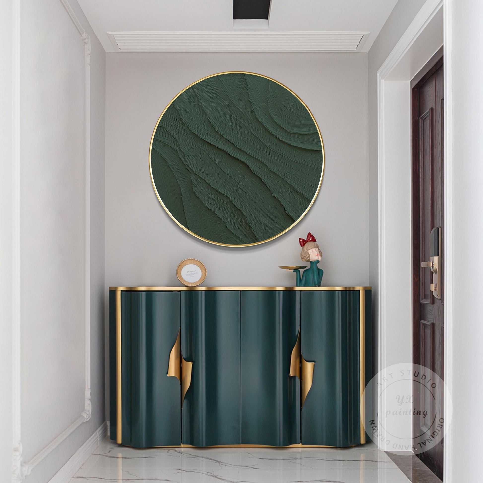 Dark Green Ocean Waves Round 3D Texture Wall Art Framed, Minimalist Painting on  #3