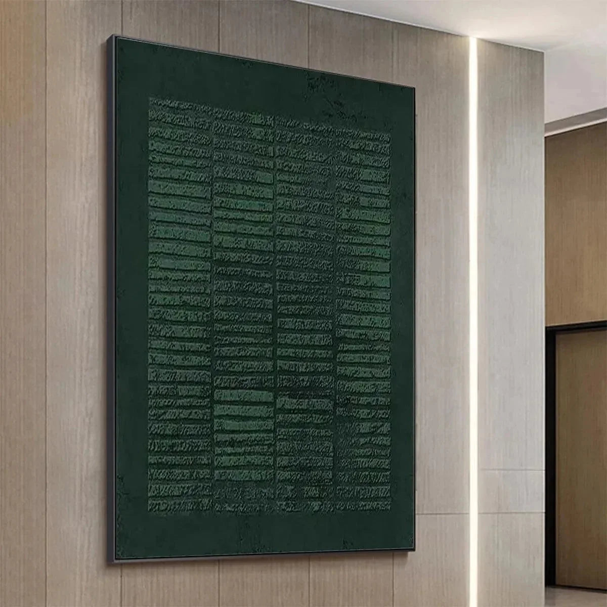 DARK GREEN TEXTURED GRID: Minimalist Textured Painting | rectangular format, hand-painted canvas edge
