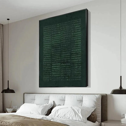 DARK GREEN TEXTURED GRID: Minimalist Textured Painting | gold frame stretched on neutral wall