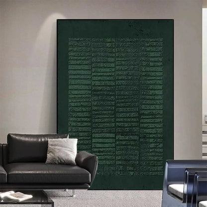 DARK GREEN TEXTURED GRID: Minimalist Textured Painting | black frame version on white wall