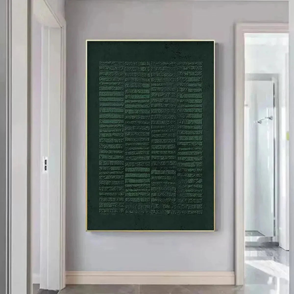 DARK GREEN TEXTURED GRID: Minimalist Textured Painting | green palette, original Hand-painted on premium stretched canvas using artist-grade oils; rich layered surface combines smooth gradients wit...