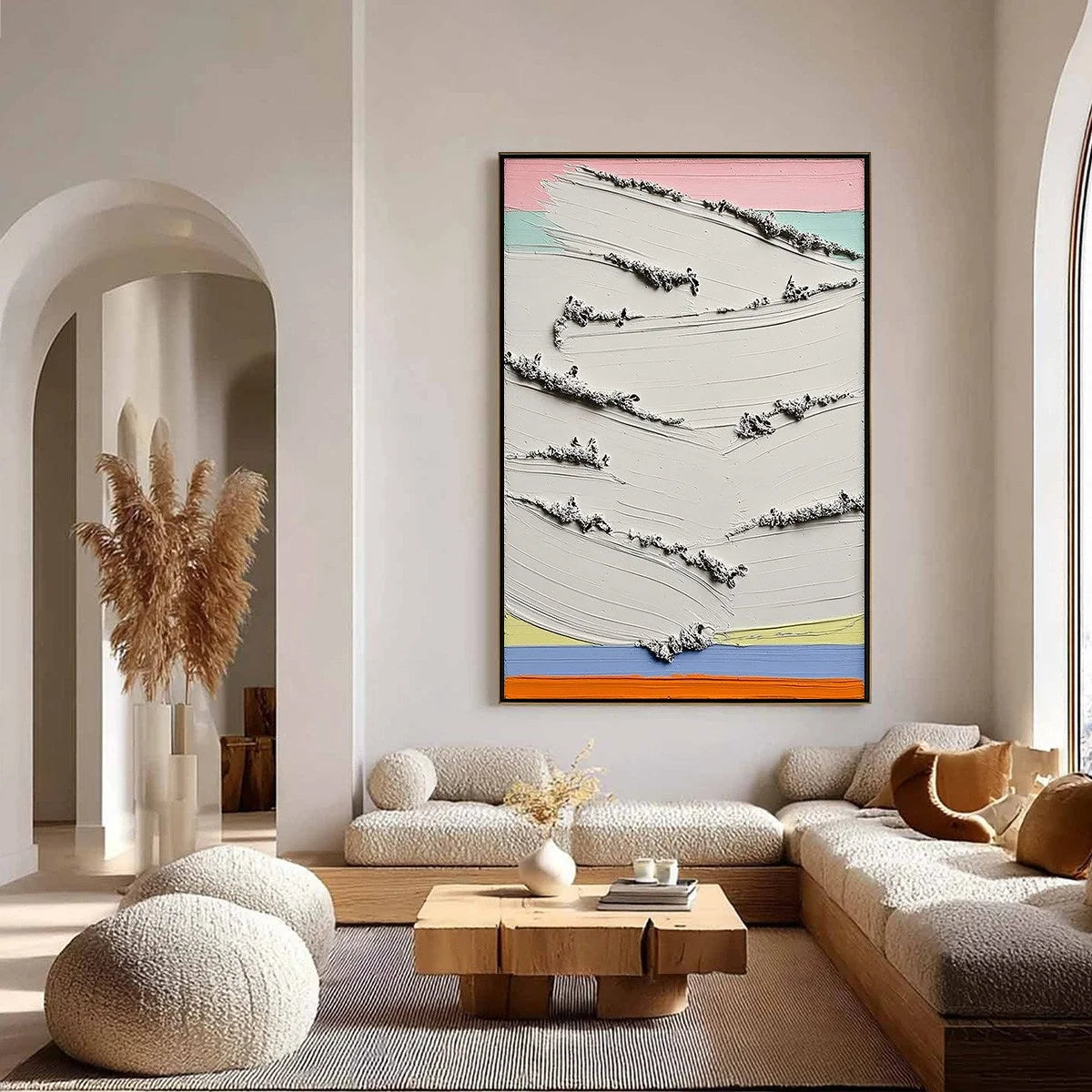 DAWNBREAK: Heavy Texture Abstract Minimalist Oil Painting | gold frame stretched on neutral wall