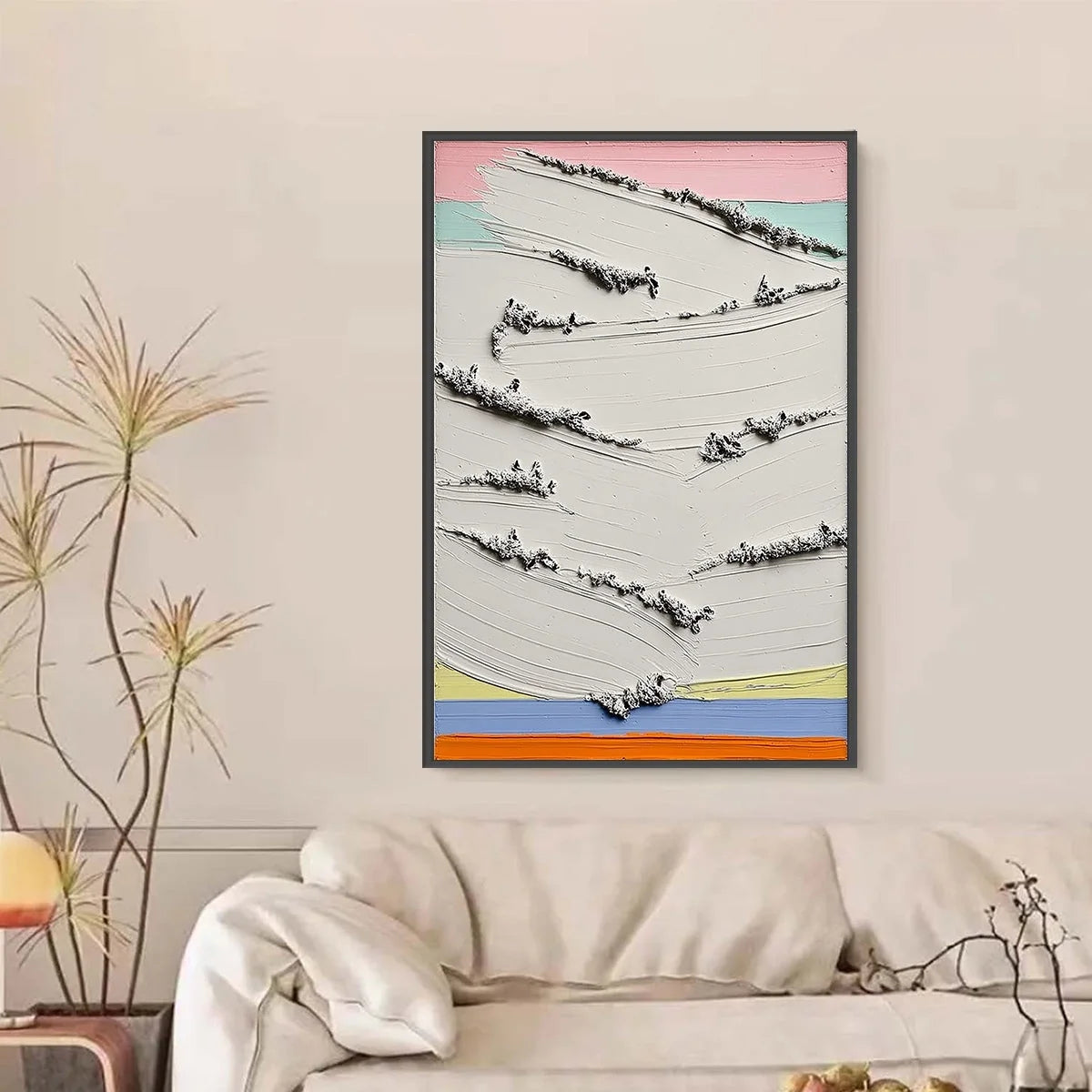DAWNBREAK: Heavy Texture Abstract Minimalist Oil Painting | black frame version on white wall