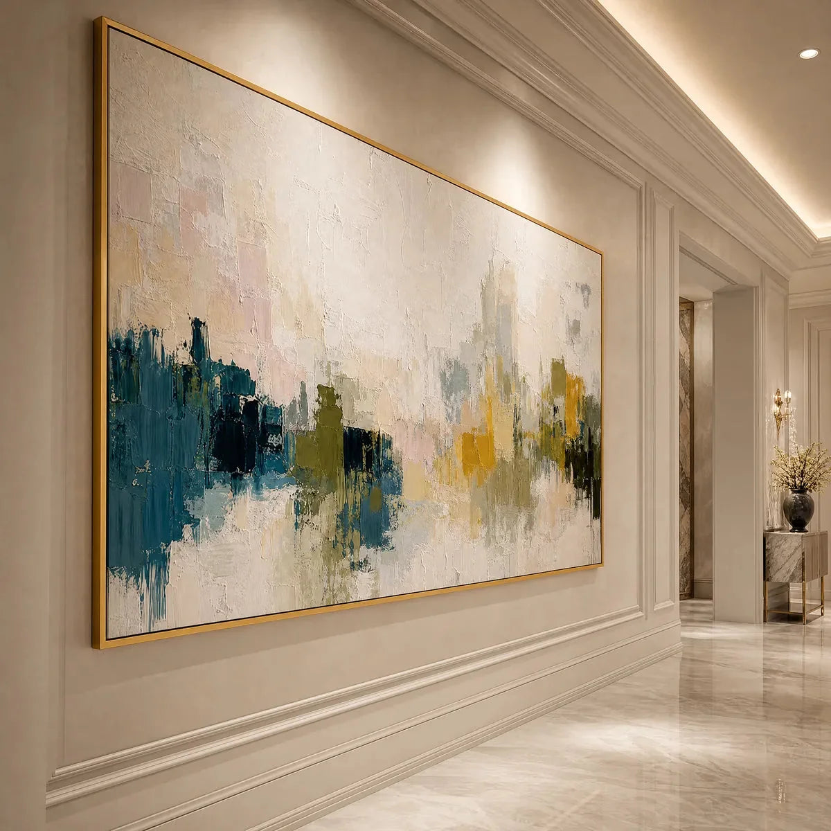 DAWN'S EMBRACE: Textured Impasto Abstract Cityscape Painting | gold frame stretched on neutral wall
