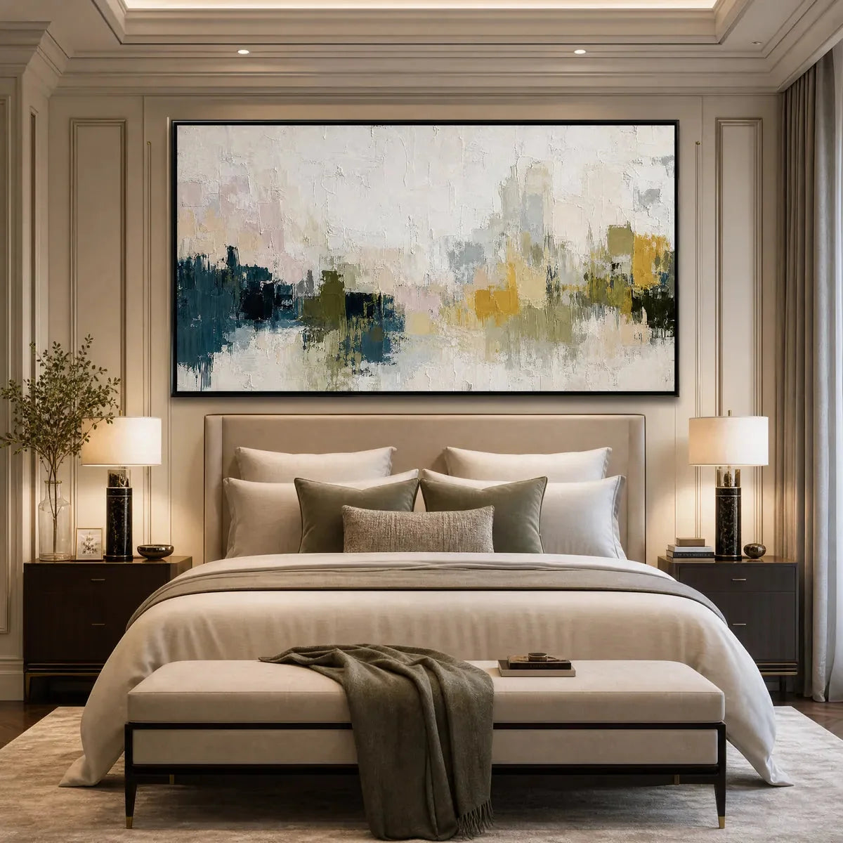 DAWN'S EMBRACE: Textured Impasto Abstract Cityscape Painting | Abstract mood, soft natural light studio shot