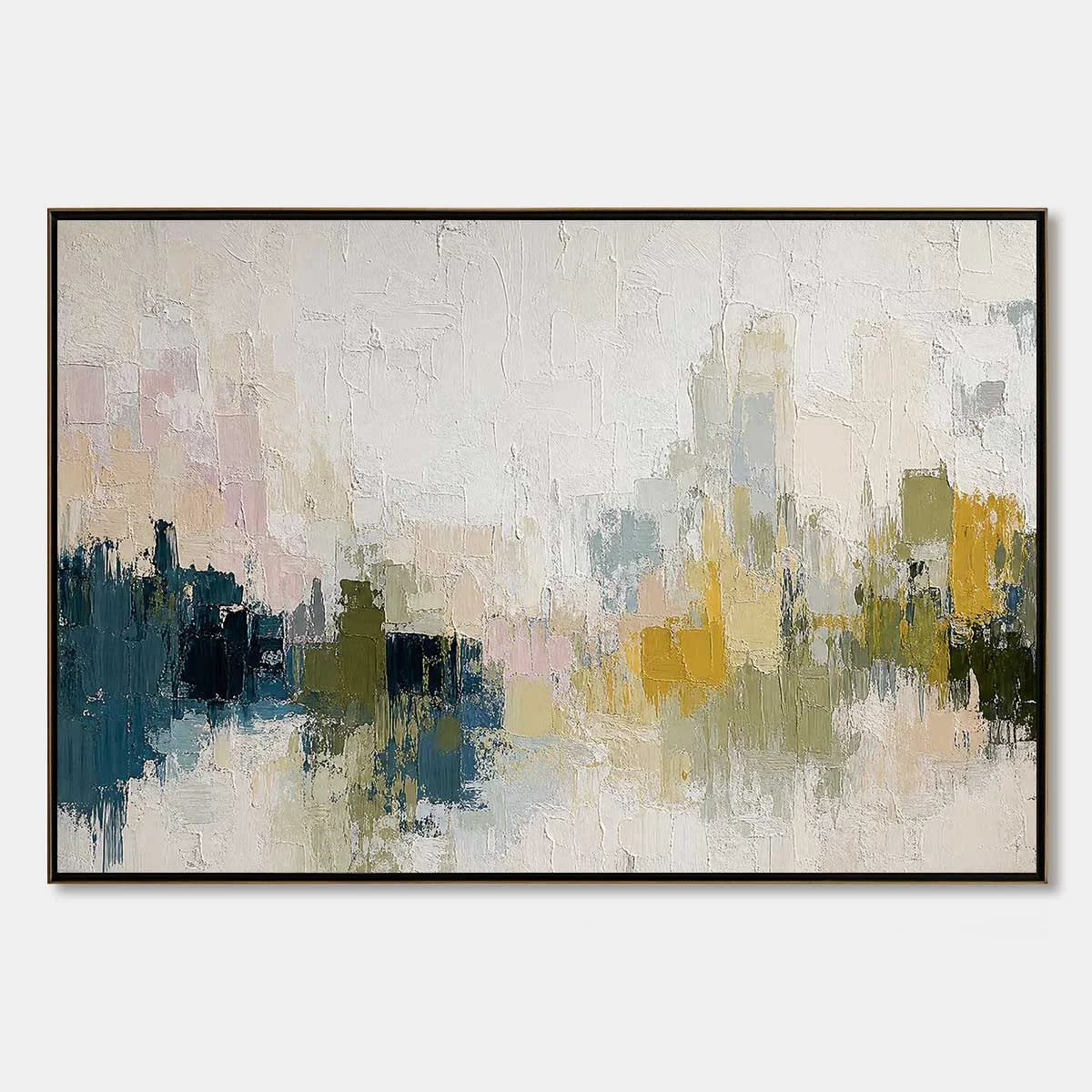 DAWN'S EMBRACE: Textured Impasto Abstract Cityscape Painting | hanging in DAWN'S EMBRACE: Textured Impasto Abstract Cityscape Painting featuring layered textured brushwork in refined tones; abstrac...