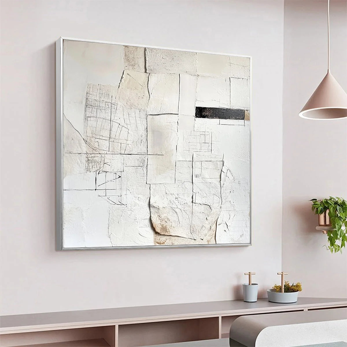 DECONSTRUCTED PLANS: Textured Minimalist Architectural Abstract Painting | gold frame stretched on neutral wall