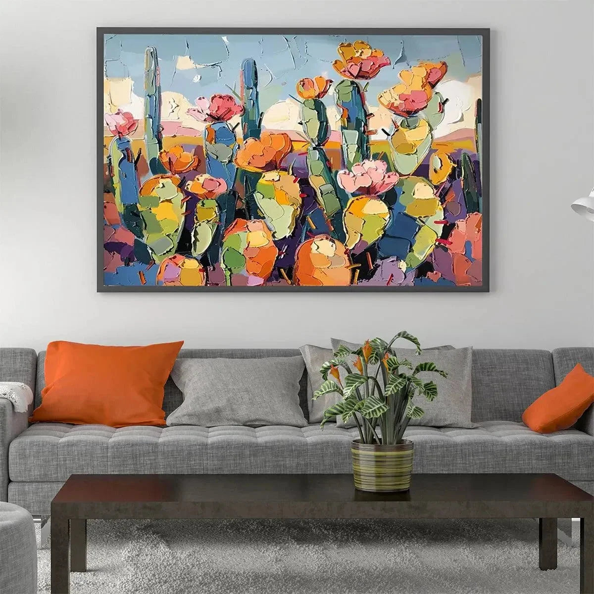 DESERT BLOOM: Textured Cactus Painting, Impasto Wall Art, Horizontal Canvas, Desert Decor | Abstract closeup, raised brushwork detail