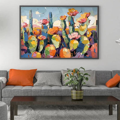 DESERT BLOOM: Textured Cactus Painting, Impasto Wall Art, Horizontal Canvas, Desert Decor | Abstract closeup, raised brushwork detail