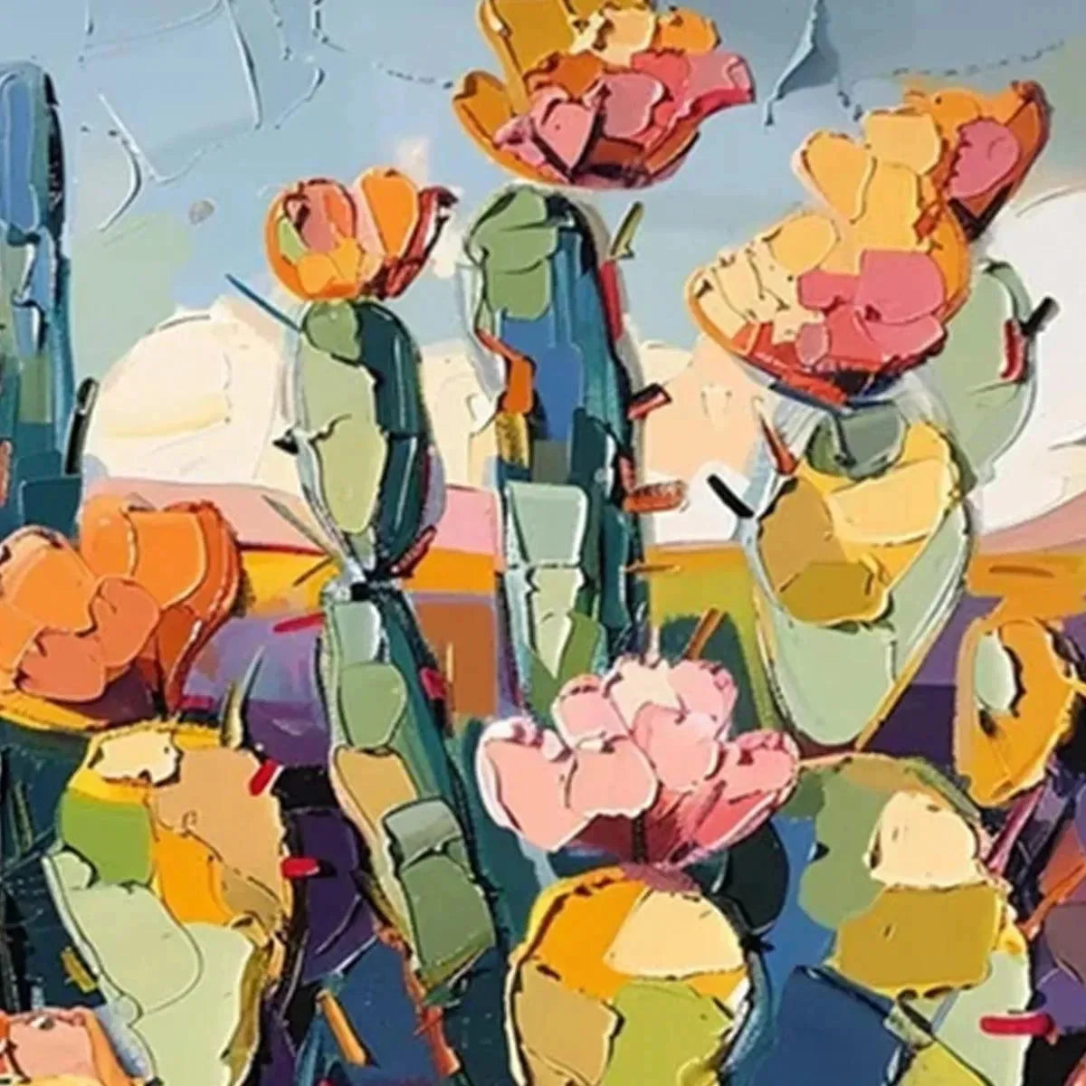 DESERT BLOOM: Textured Cactus Painting, Impasto Wall Art, Horizontal Canvas, Desert Decor | rectangular format, hand-painted canvas edge