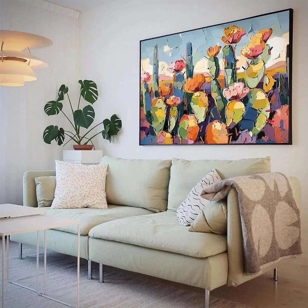 DESERT BLOOM: Textured Cactus Painting, Impasto Wall Art, Horizontal Canvas, Desert Decor | gold frame stretched on neutral wall