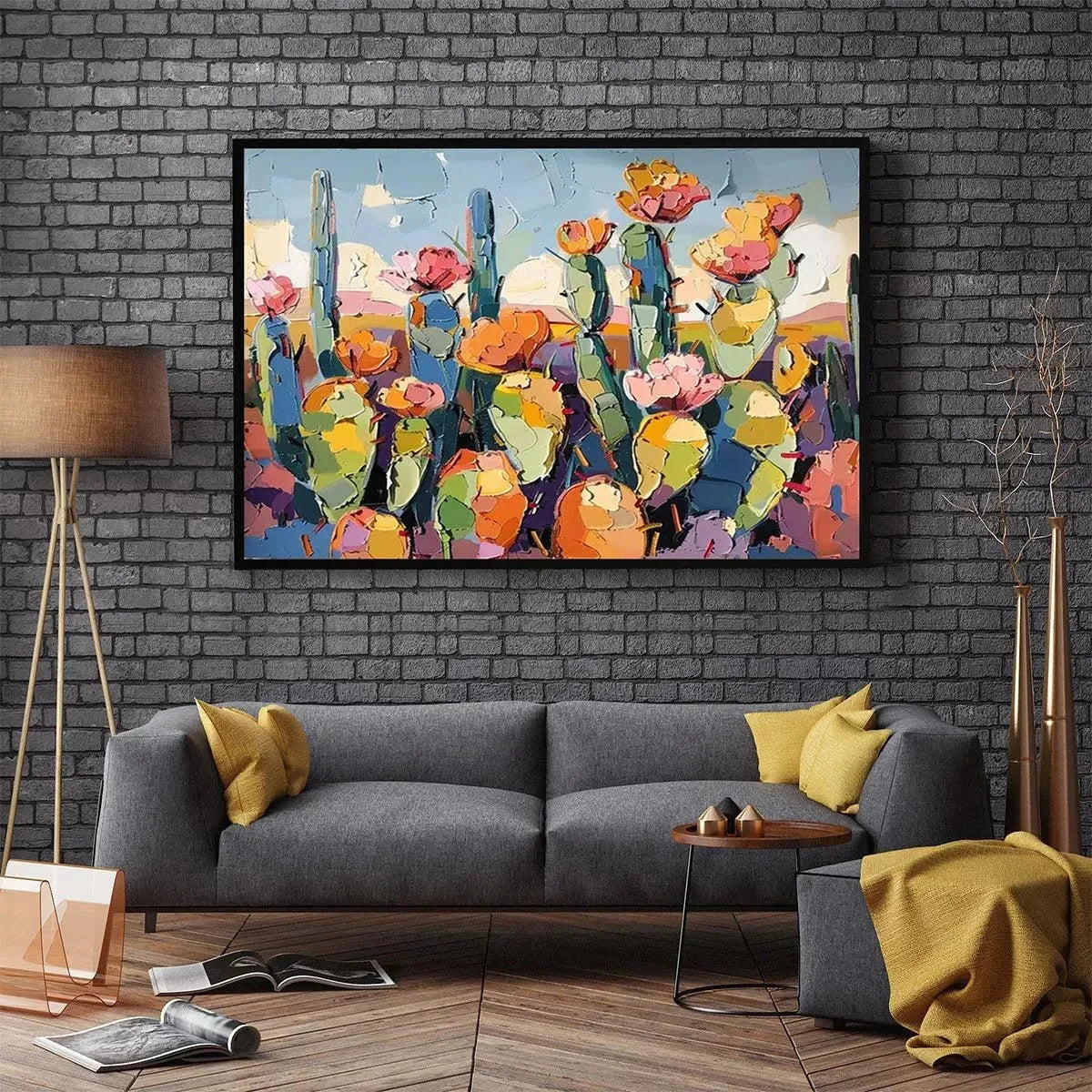 DESERT BLOOM: Textured Cactus Painting, Impasto Wall Art, Horizontal Canvas, Desert Decor | rolled canvas, ready for custom framing