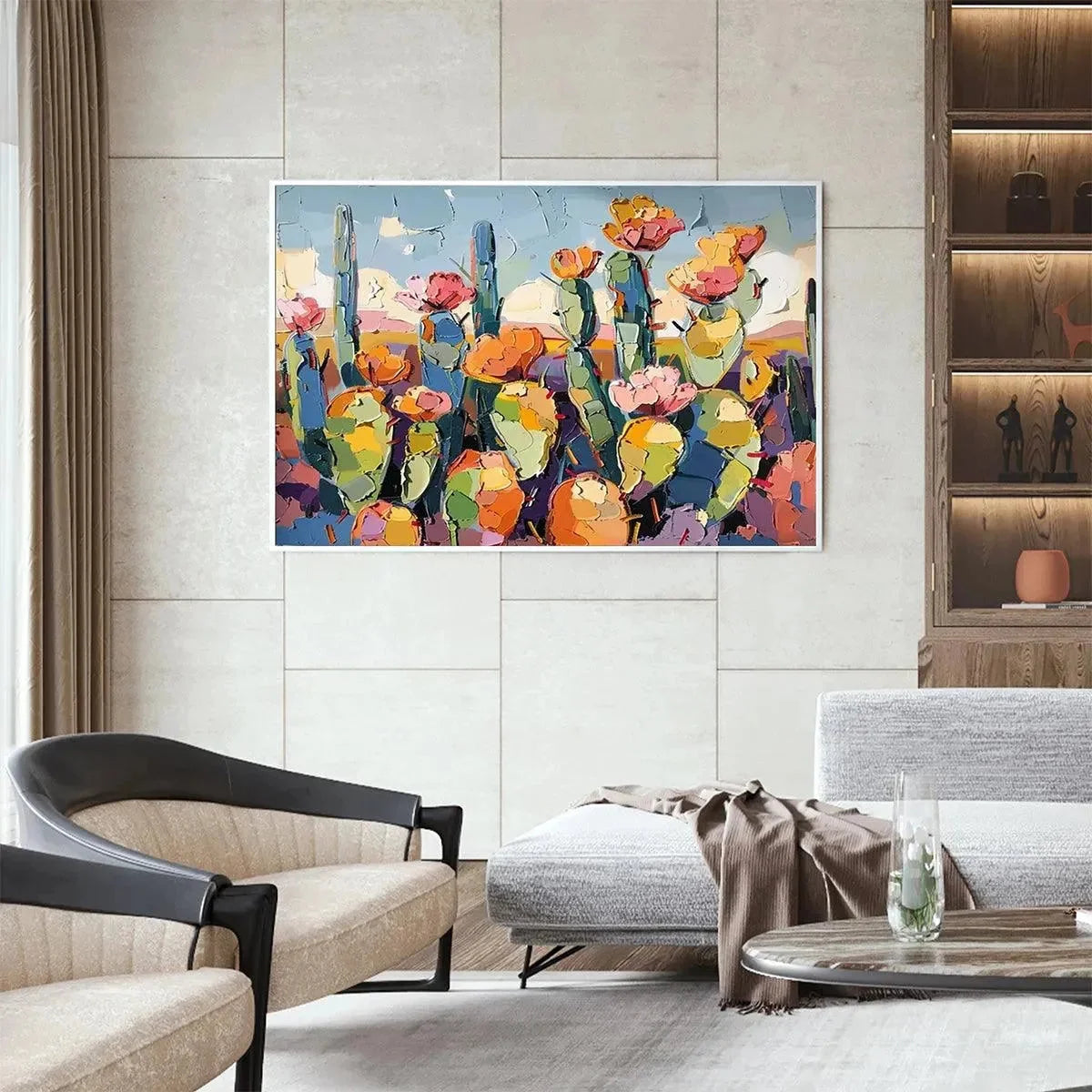 DESERT BLOOM: Textured Cactus Painting, Impasto Wall Art, Horizontal Canvas, Desert Decor | black frame version on white wall