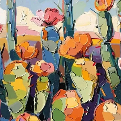 DESERT BLOOM: Textured Cactus Painting, Impasto Wall Art, Horizontal Canvas, Desert Decor | Abstract mood, soft natural light studio shot