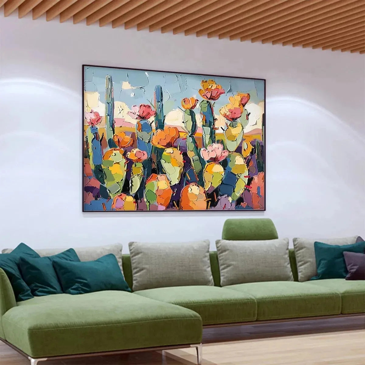 DESERT BLOOM: Textured Cactus Painting, Impasto Wall Art, Horizontal Canvas, Desert Decor | beige palette, original Hand-painted on premium stretched canvas using artist-grade oils; rich layered su...