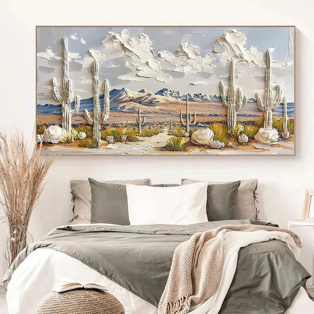 DESERT DREAM: Textured Desert Landscape Painting, Impasto Wall Art, Horizontal Canvas, Cactus Decor | Landscape closeup, raised brushwork detail
