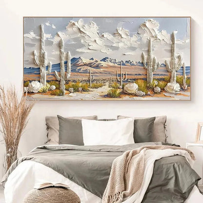 DESERT DREAM: Textured Desert Landscape Painting, Impasto Wall Art, Horizontal Canvas, Cactus Decor | Landscape closeup, raised brushwork detail