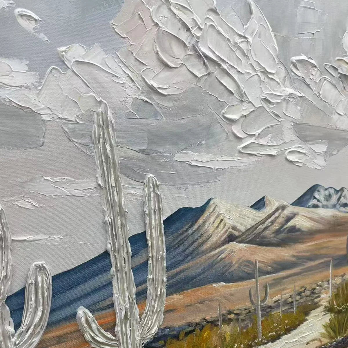 DESERT DREAM: Textured Desert Landscape Painting, Impasto Wall Art, Horizontal Canvas, Cactus Decor | rectangular format, hand-painted canvas edge