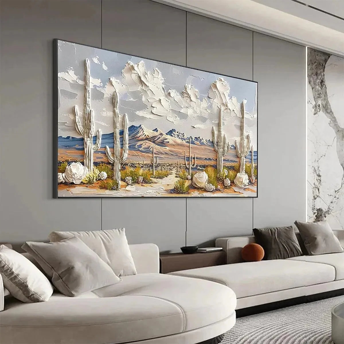 DESERT DREAM: Textured Desert Landscape Painting, Impasto Wall Art, Horizontal Canvas, Cactus Decor | gold frame stretched on neutral wall