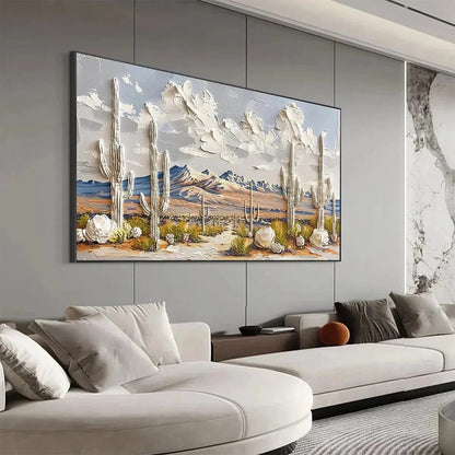 DESERT DREAM: Textured Desert Landscape Painting, Impasto Wall Art, Horizontal Canvas, Cactus Decor | gold frame stretched on neutral wall