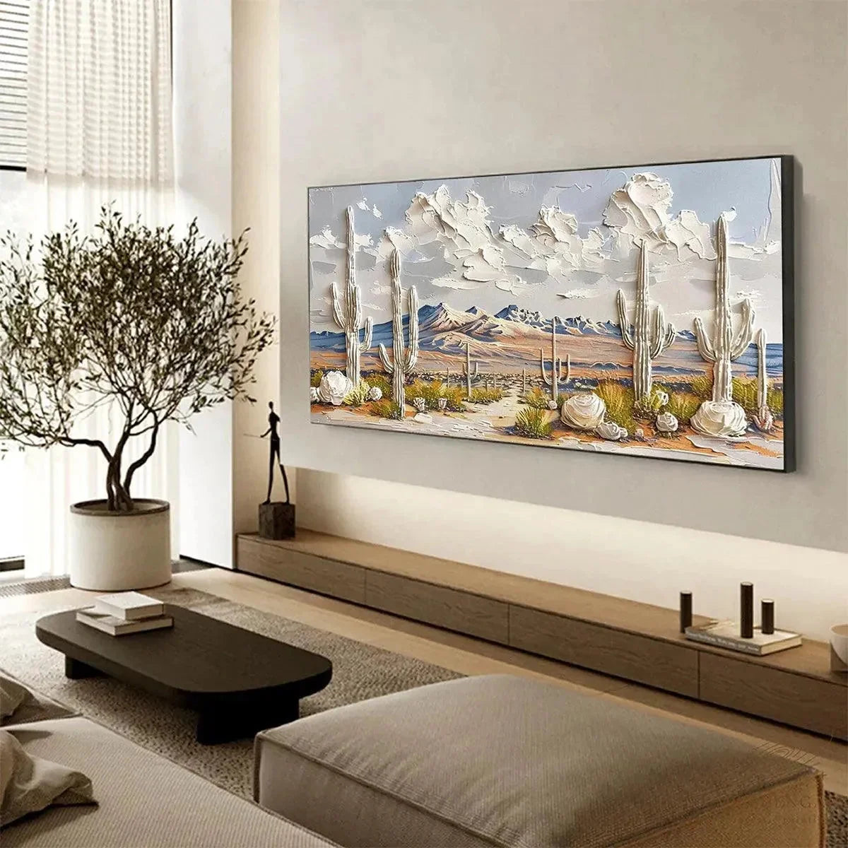 DESERT DREAM: Textured Desert Landscape Painting, Impasto Wall Art, Horizontal Canvas, Cactus Decor | rolled canvas, ready for custom framing