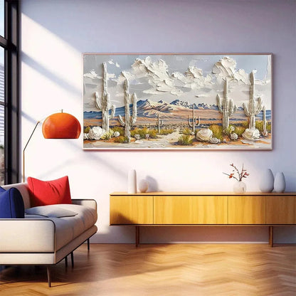 DESERT DREAM: Textured Desert Landscape Painting, Impasto Wall Art, Horizontal Canvas, Cactus Decor | black frame version on white wall