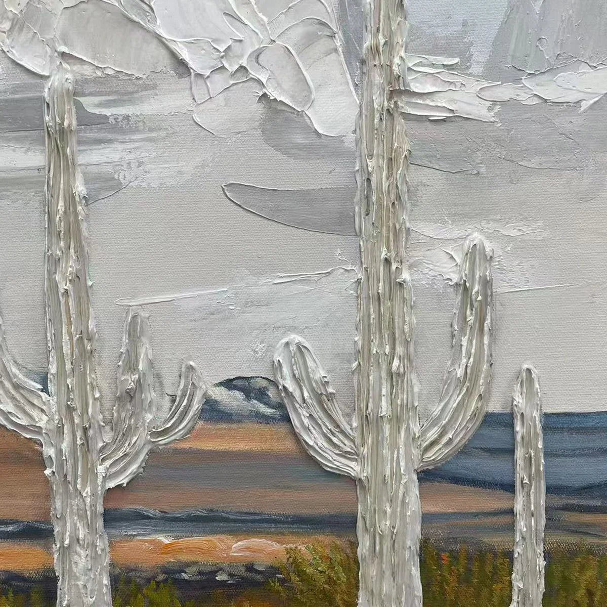 DESERT DREAM: Textured Desert Landscape Painting, Impasto Wall Art, Horizontal Canvas, Cactus Decor | Landscape mood, soft natural light studio shot