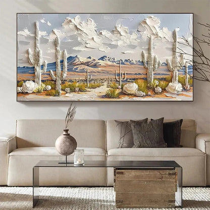 DESERT DREAM: Textured Desert Landscape Painting, Impasto Wall Art, Horizontal Canvas, Cactus Decor | beige palette, original Hand-painted on premium stretched canvas using artist-grade oils; rich ...