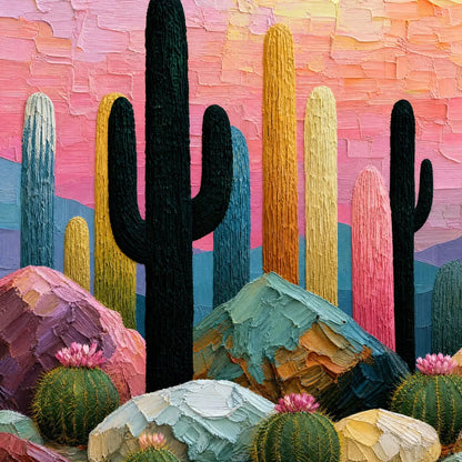 Desert Dreamscape | Textured Impasto Cactus Landscape Painting | rectangular format, hand-painted canvas edge