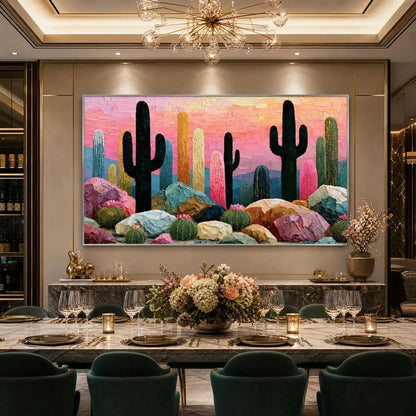 Desert Dreamscape | Textured Impasto Cactus Landscape Painting | gold frame stretched on neutral wall