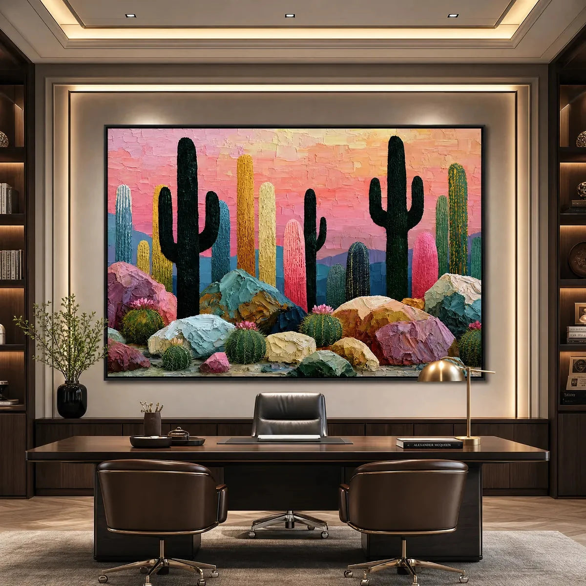 Desert Dreamscape | Textured Impasto Cactus Landscape Painting | black frame version on white wall