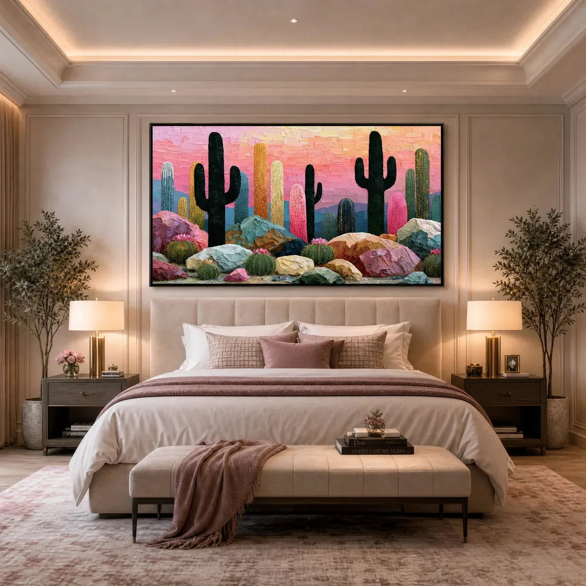Desert Dreamscape | Textured Impasto Cactus Landscape Painting | Landscape mood, soft natural light studio shot