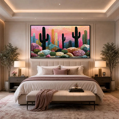 Desert Dreamscape | Textured Impasto Cactus Landscape Painting | Landscape mood, soft natural light studio shot