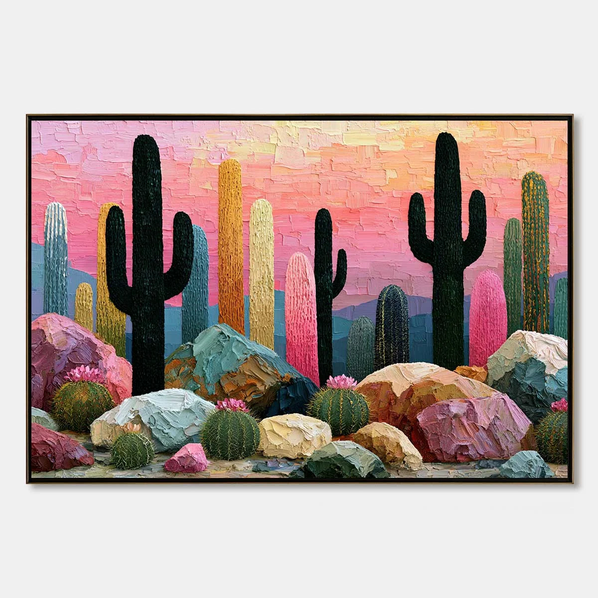 Desert Dreamscape | Textured Impasto Cactus Landscape Painting | hanging in Desert Dreamscape | Textured Impasto Cactus Landscape Painting featuring layered textured brushwork in refined tones; lan...