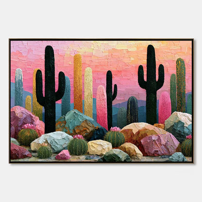 Desert Dreamscape | Textured Impasto Cactus Landscape Painting | hanging in Desert Dreamscape | Textured Impasto Cactus Landscape Painting featuring layered textured brushwork in refined tones; lan...