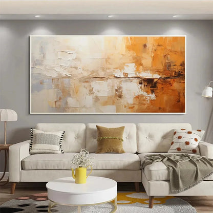 DESERT DUSK: Panoramic Abstract Painting in Orange and Beige, Textured Canvas, Modern Wall Art | Abstract closeup, raised brushwork detail
