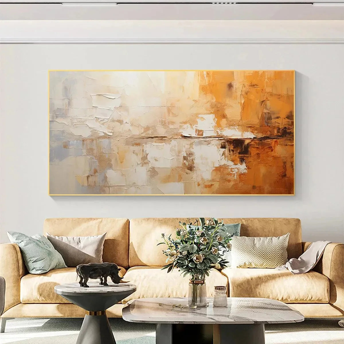 DESERT DUSK: Panoramic Abstract Painting in Orange and Beige, Textured Canvas, Modern Wall Art | gold frame stretched on neutral wall