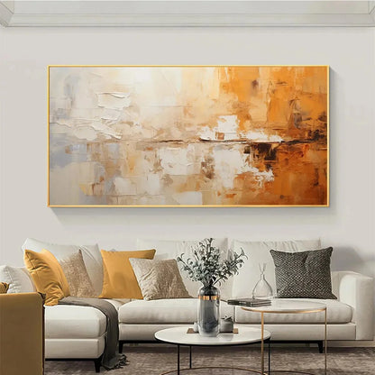 DESERT DUSK: Panoramic Abstract Painting in Orange and Beige, Textured Canvas, Modern Wall Art | black frame version on white wall