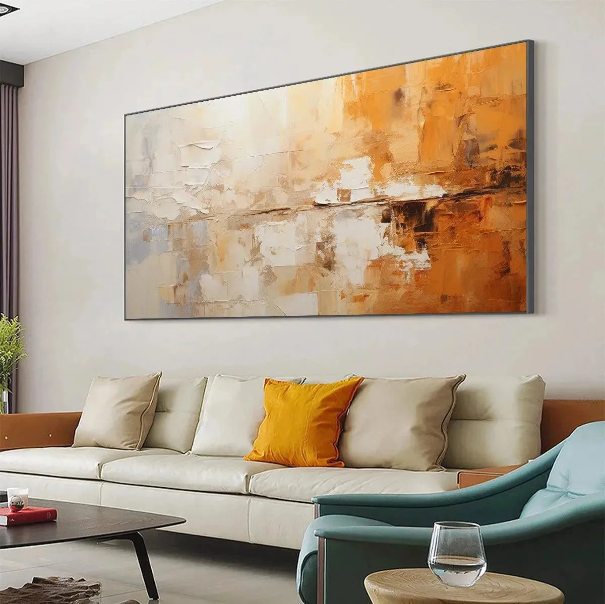 DESERT DUSK: Panoramic Abstract Painting in Orange and Beige, Textured Canvas, Modern Wall Art | Abstract mood, soft natural light studio shot