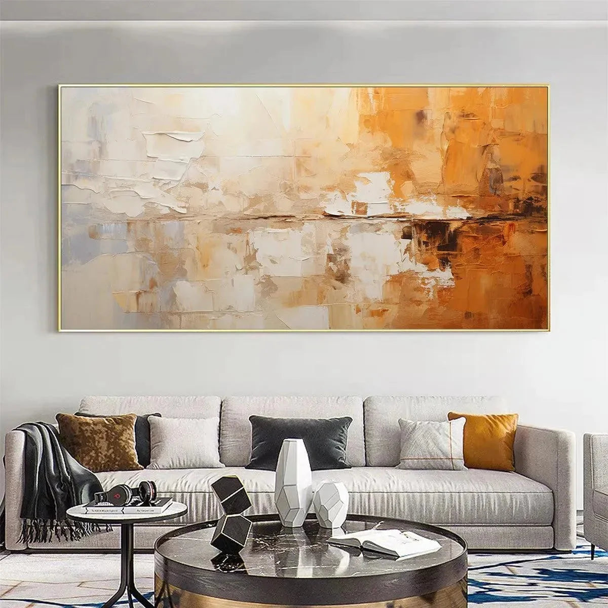 DESERT DUSK: Panoramic Abstract Painting in Orange and Beige, Textured Canvas, Modern Wall Art | beige palette, original Hand-painted on premium stretched canvas using artist-grade oils; rich layer...