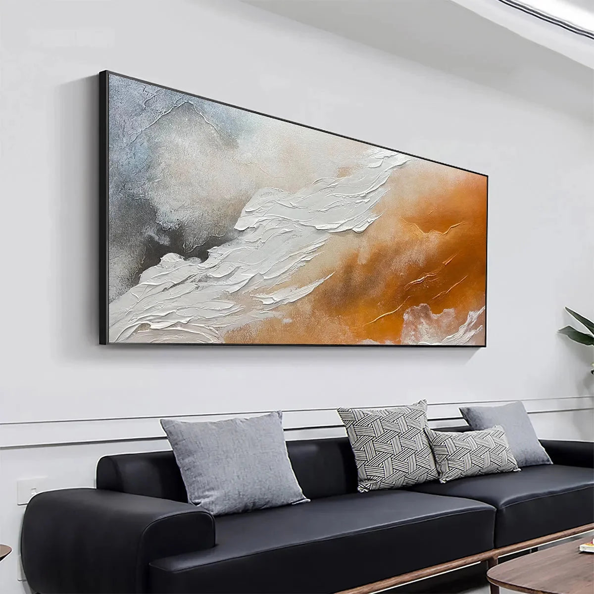 DESERT FLOW: Abstract Landscape Painting in Orange, White, and Grey, Textured Canvas, Modern Wall Art | gold frame stretched on neutral wall